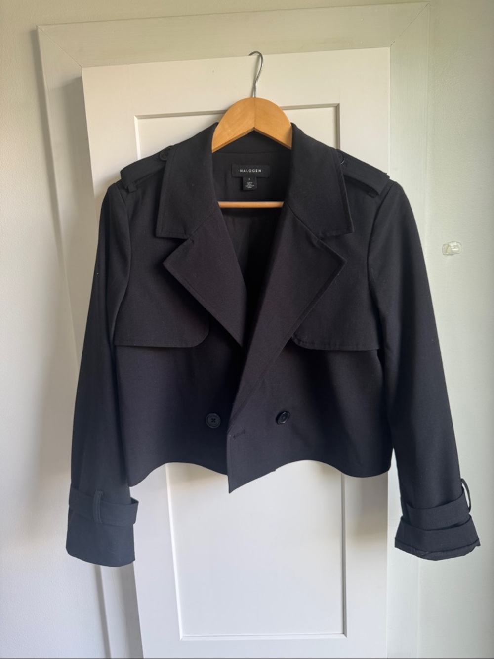 Halogen Black Cropped Double-Breasted Trench Jacket